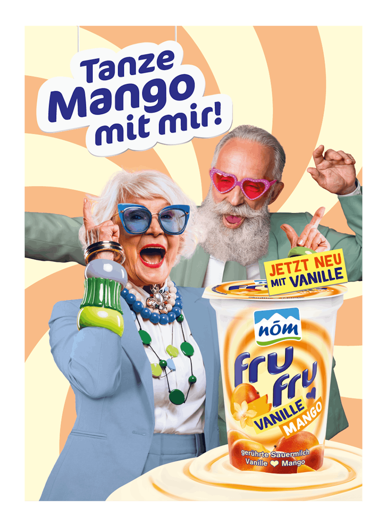ein älterer Herr und eine ältere Dame vor einem Bunten Hintergrund hinter einem frufru Mango Vanille Tanze Mango mit mir