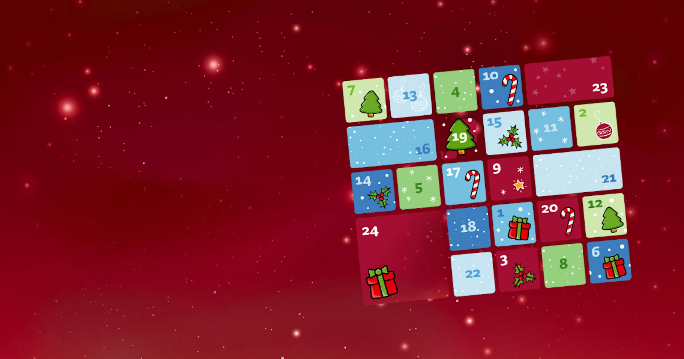 Adventkalender mit 24 bunten Türchen mit weihnachtlichen Icons auf rotem, funkelndem Grund