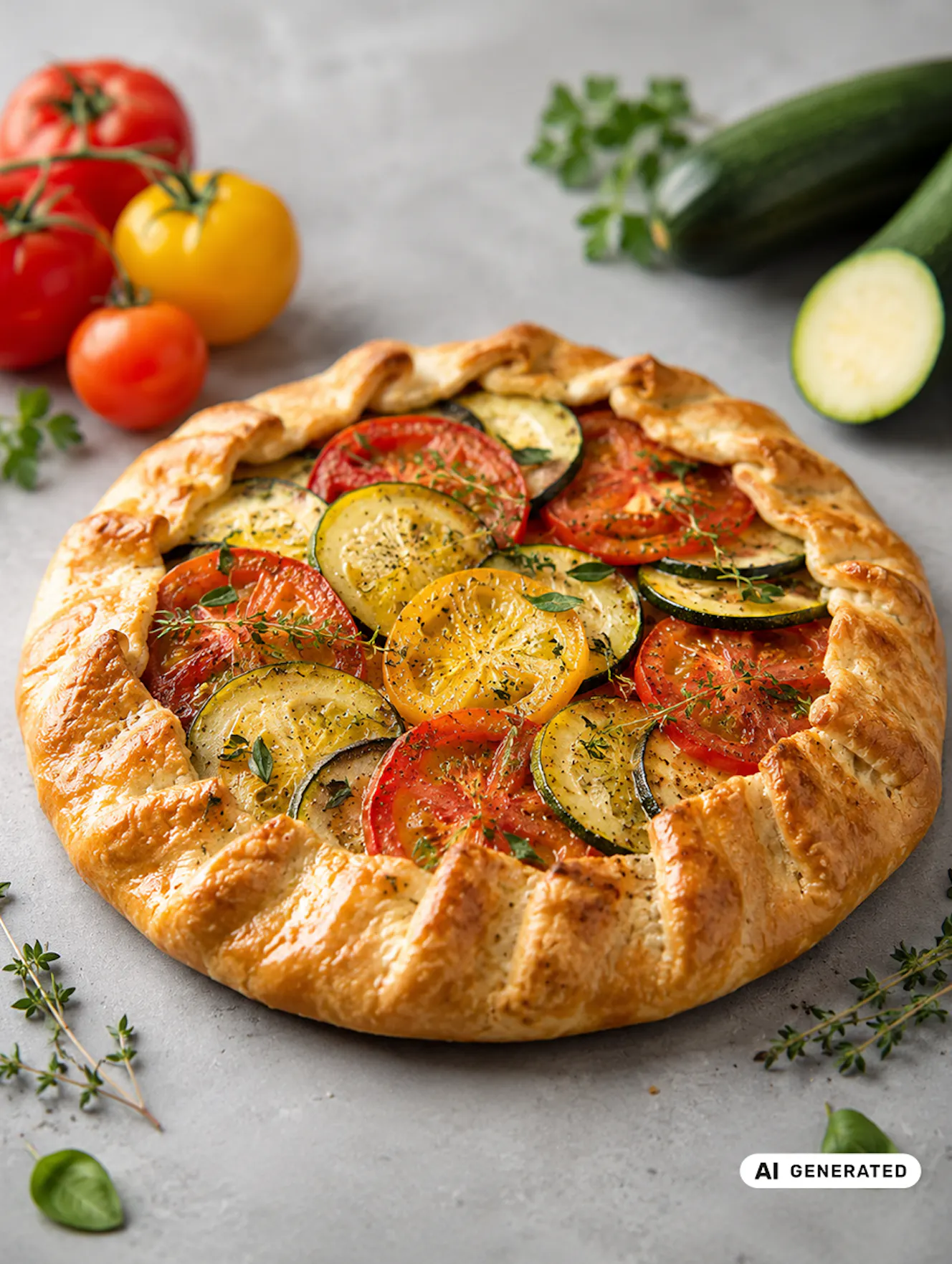 Sommerliche Tomaten-Zucchini-Galette mit knusprigem Topfenteig, bunten Paradeisern, Zucchini und frischen Kräutern. - teilweise KI-generiert