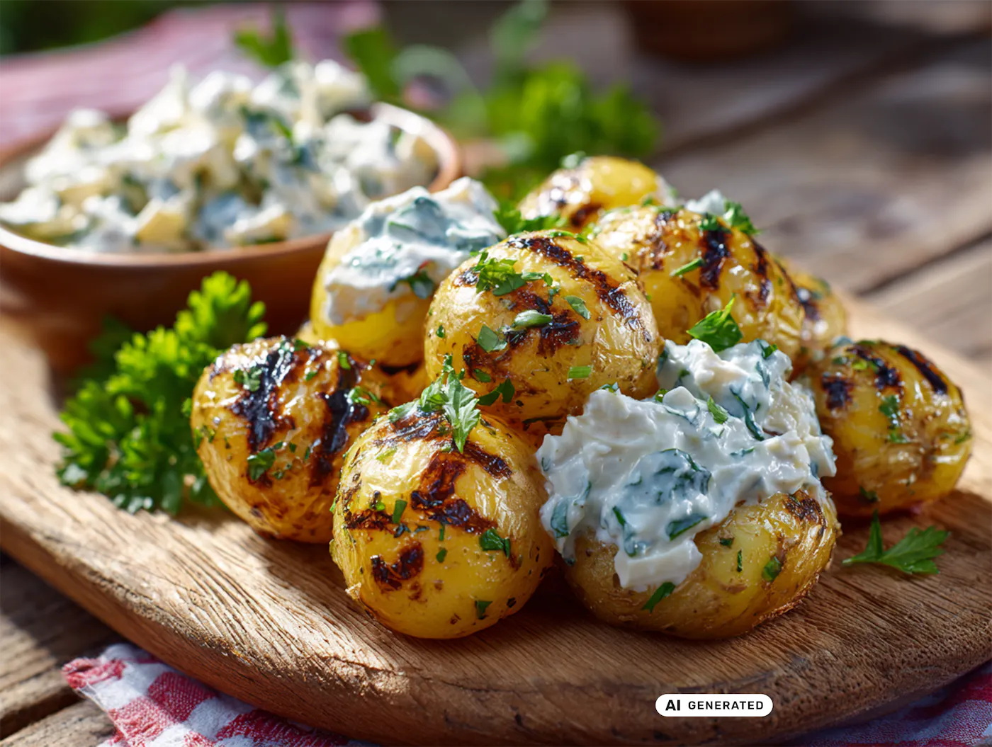 Gegrillte Babykartoffeln mit Kräutern und cremiger Sauce auf Holzplatte, dahinter Schüssel mit Sauce und frische Petersilie. - teilweise KI-generiert
