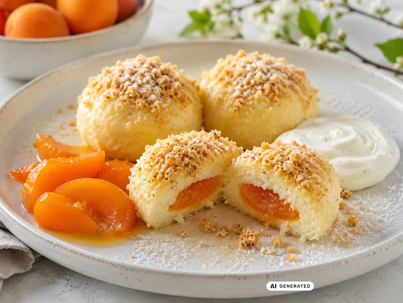Marillen-Topfen-Knödel in Butterbrösel mit Vanille-Sauerrahm auf einem weißen Teller - teilweise KI-generiert