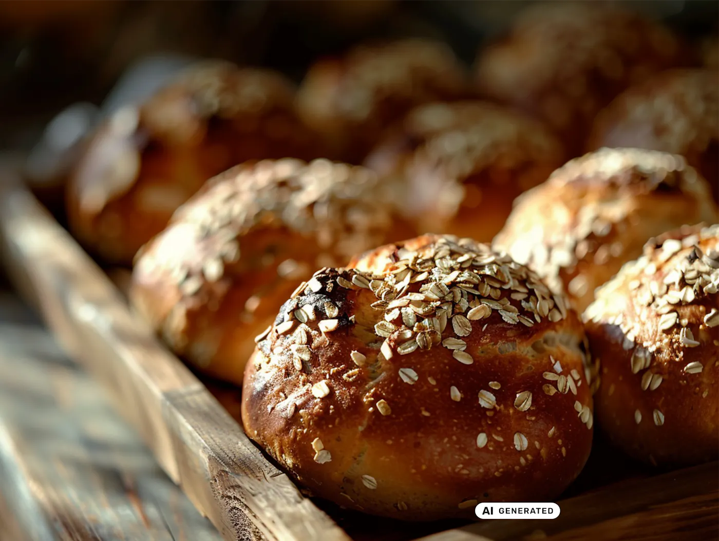 Frisch gebackene, goldbraune Brötchen mit Haferflocken auf Holztablett, nah aufgenommen und appetitlich präsentiert.