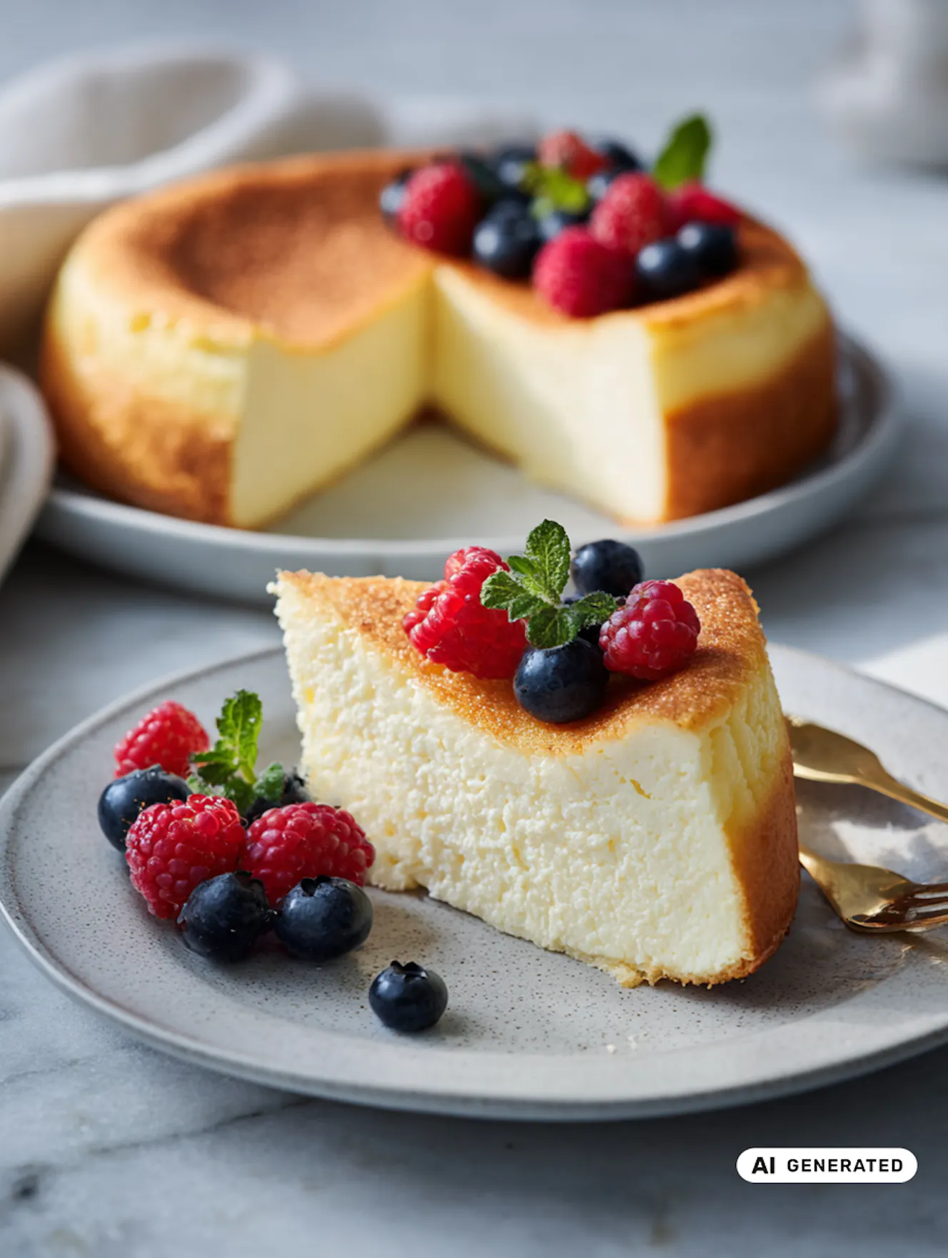Einfacher High Protein Cheesecake aus NÖM PRO Skyr Vanille mit frischen Beeren und Minze - teilweise KI-generiert