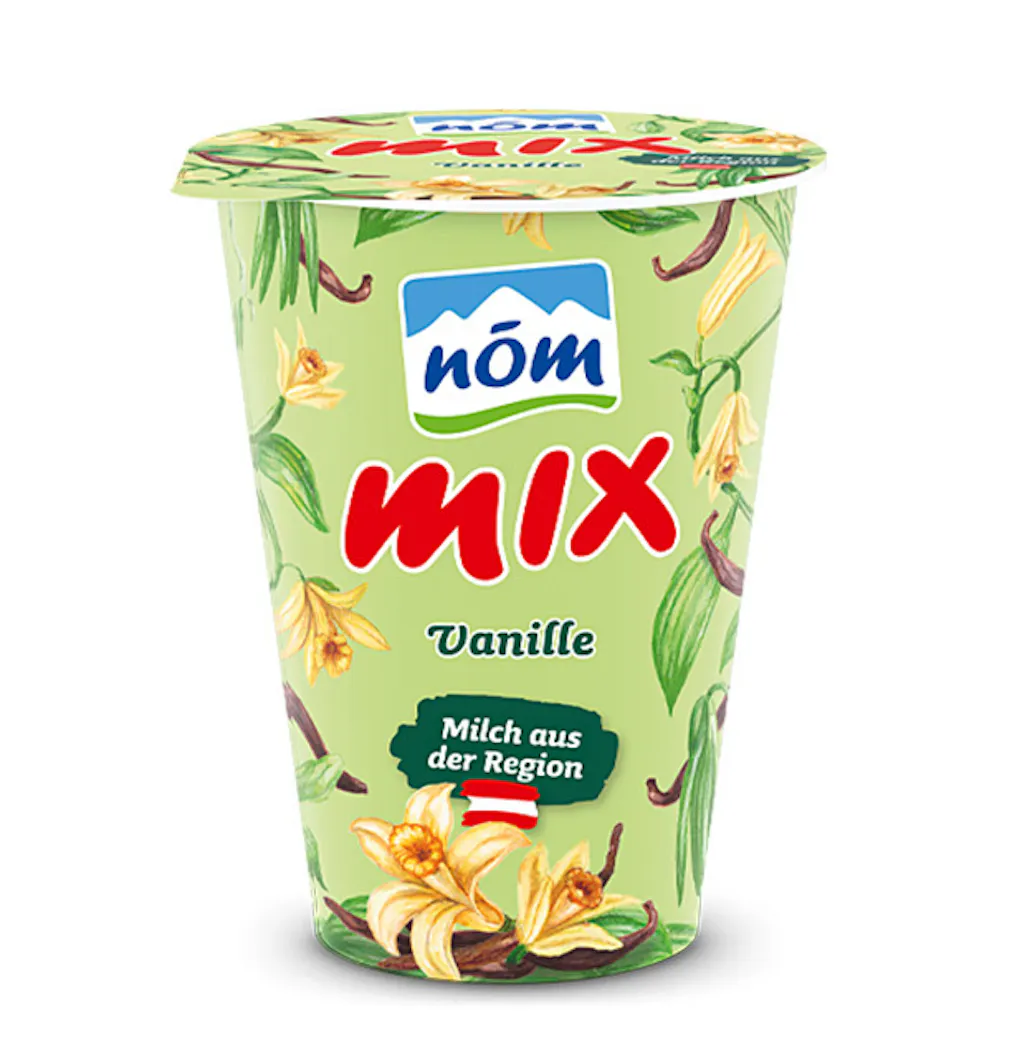 NÖM mix Vanille im 180 g Kartonmantelbecher gezeichnet NÖM mix Vanille im 180 g Kartonmantelbecher gezeichnet