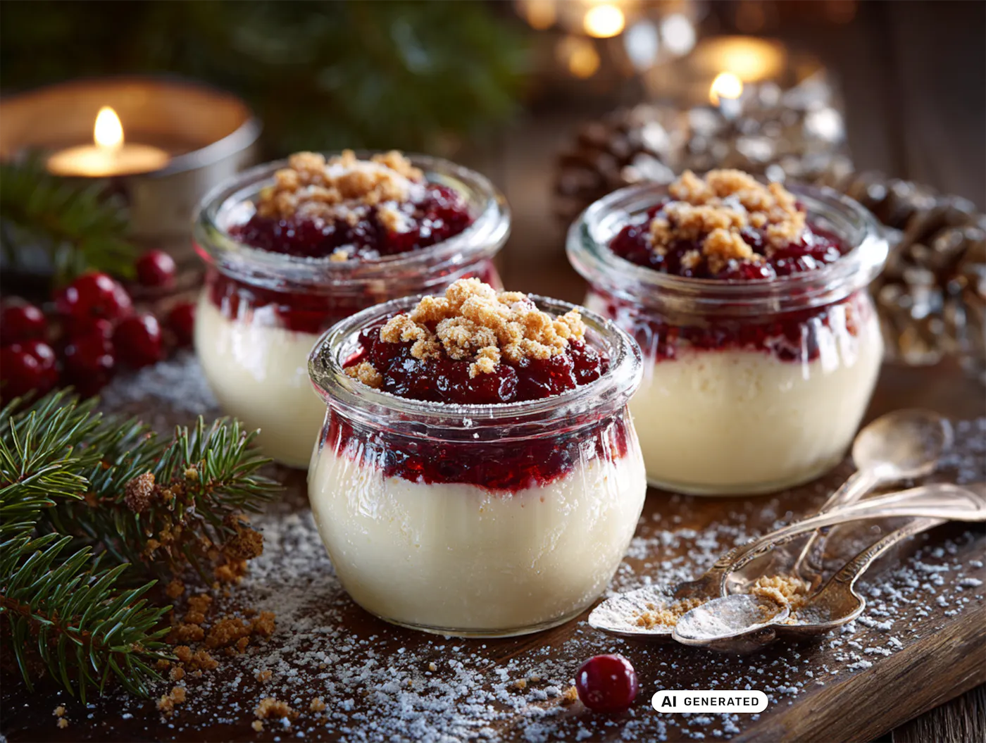 Ein weihnachtliches Dessert aus Vanillekipferl-Panna-Cotta mit Zimt-Kirschkompott im Glas umgeben von weihnachtlicher Dekoration - teilweise KI-generiert
