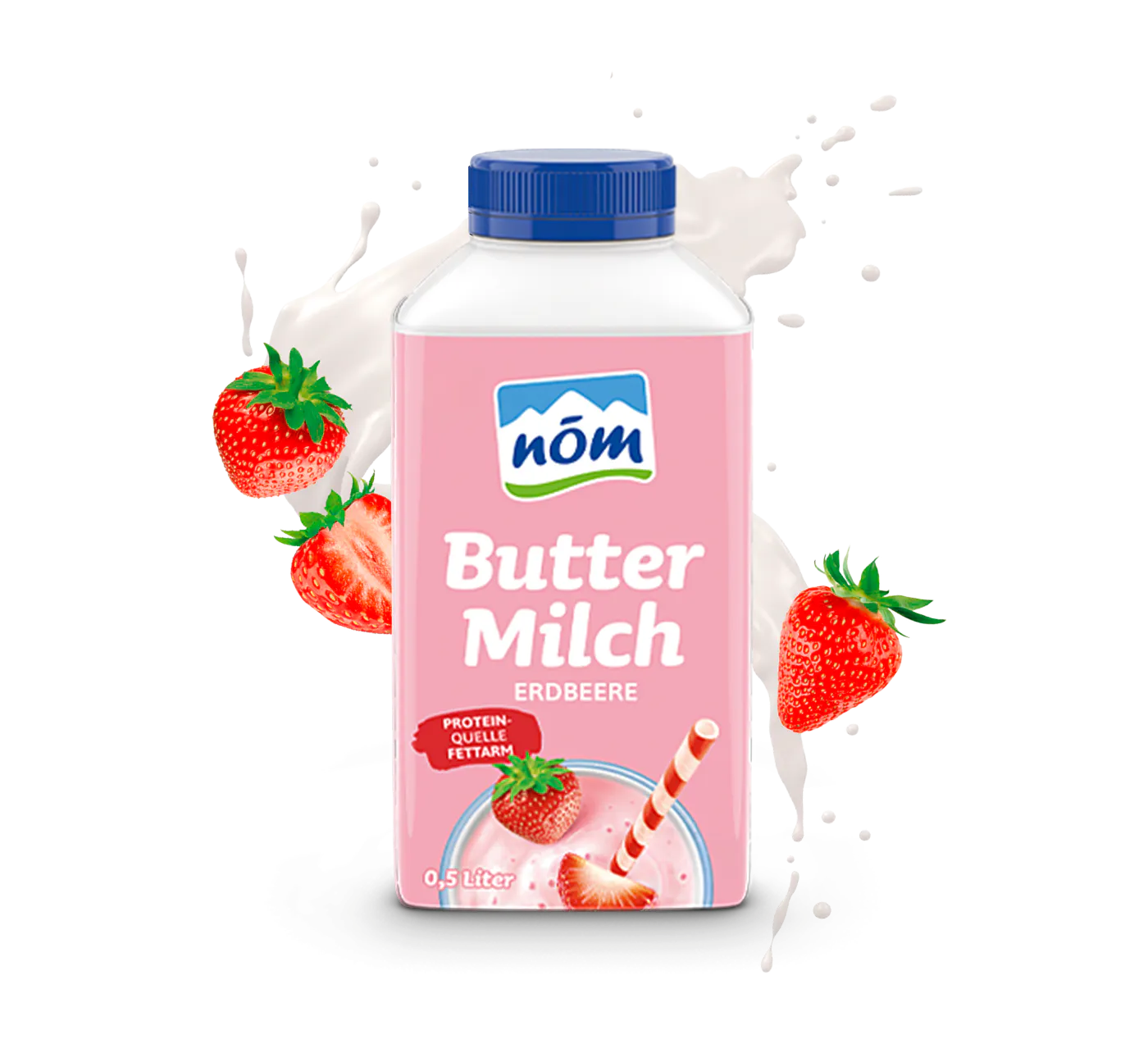 Rosa Karton NÖM Butter Milch Erdbeere mit blauem Deckel, bebildert mit Erdbeeren und einem Glas Erdbeer-Buttermilch samt Strohhalm, umgeben von Milchspritzern und Erdbeeren. Rosa Karton NÖM Butter Milch Erdbeere mit blauem Deckel, bebildert mit Erdbeeren und einem Glas Erdbeer-Buttermilch samt Strohhalm, umgeben von Milchspritzern und Erdbeeren.