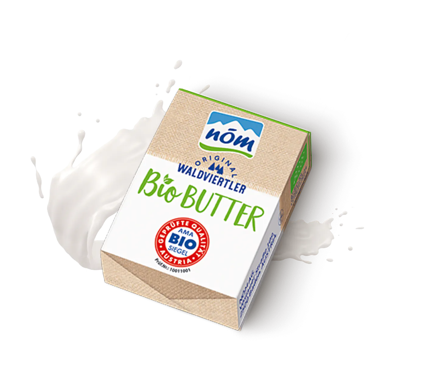 NÖM Original Waldviertler Biobutter Verpackung in Grün-Beige und Weiß umgeben von einem Milchsplash