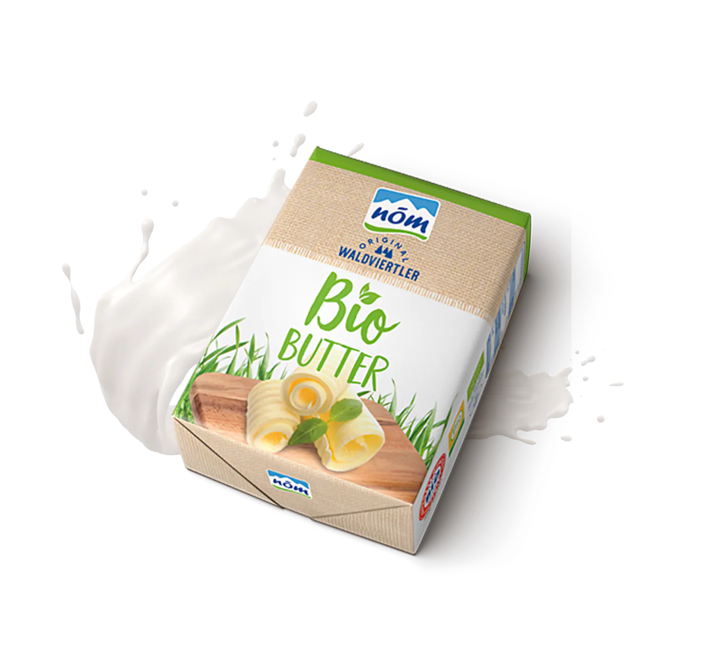 Web NOEM Orig Waldviertler Biobutter 250g Folie Milchsplash NÖM Original Waldviertler Biobutter Verpackung in Grün-Beige mit Abbildung von Butter und Brot – Aufschrift ‚Bio Butter‘ umgeben von einem Milchsplash