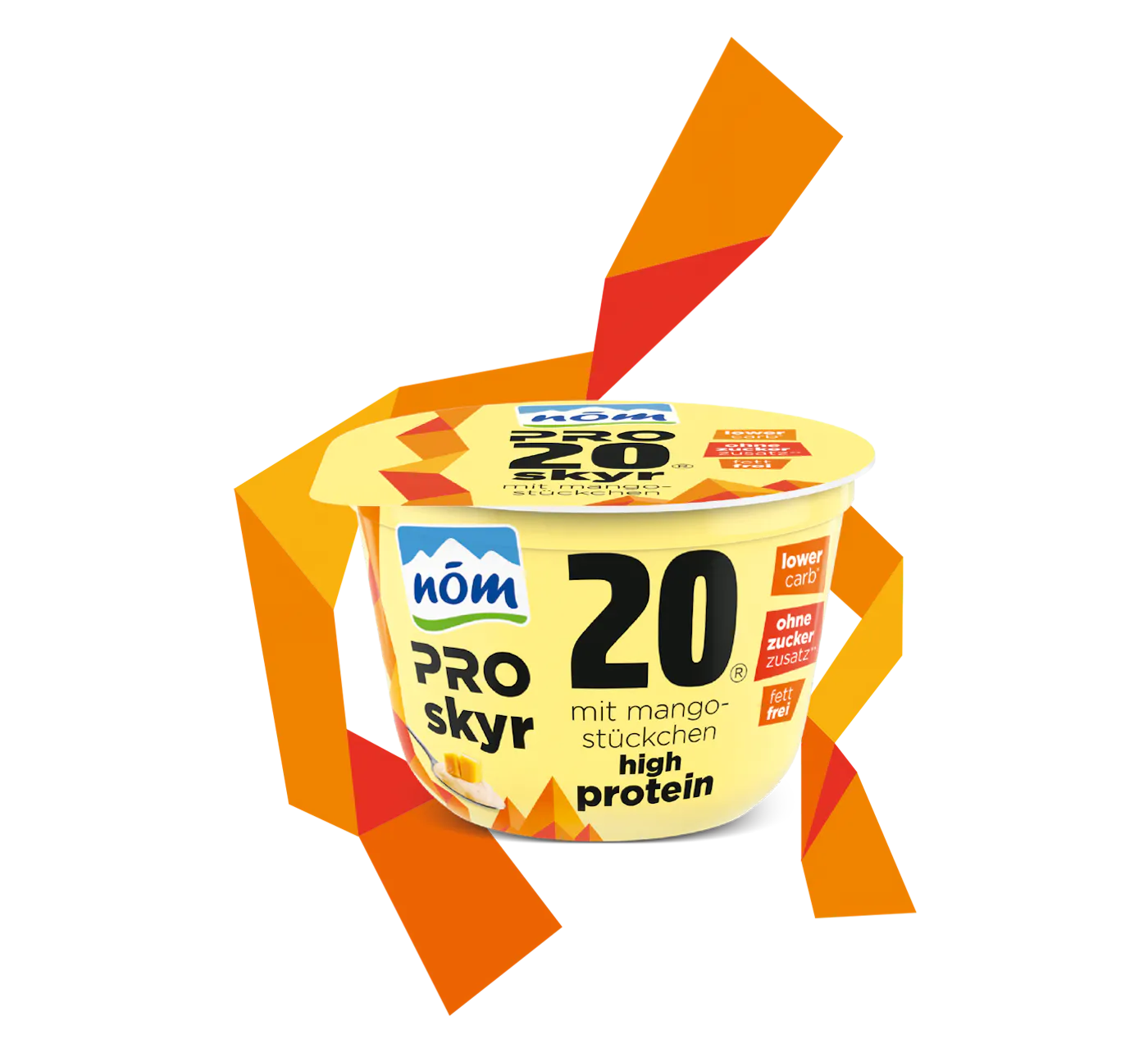 PRO Becher Skyr Mango mit Fruchtstückchen Ein Becher NÖM PRO Skyr mit Frucht mit dem Geschmack Mango und Mangostückchen