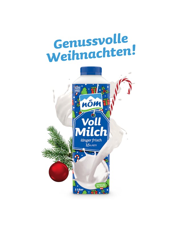 weihnachtliche Verpackung der NÖM Vollmilch mit einem Zweig, einer roten Christbaumkugel und einer Zuckerstange