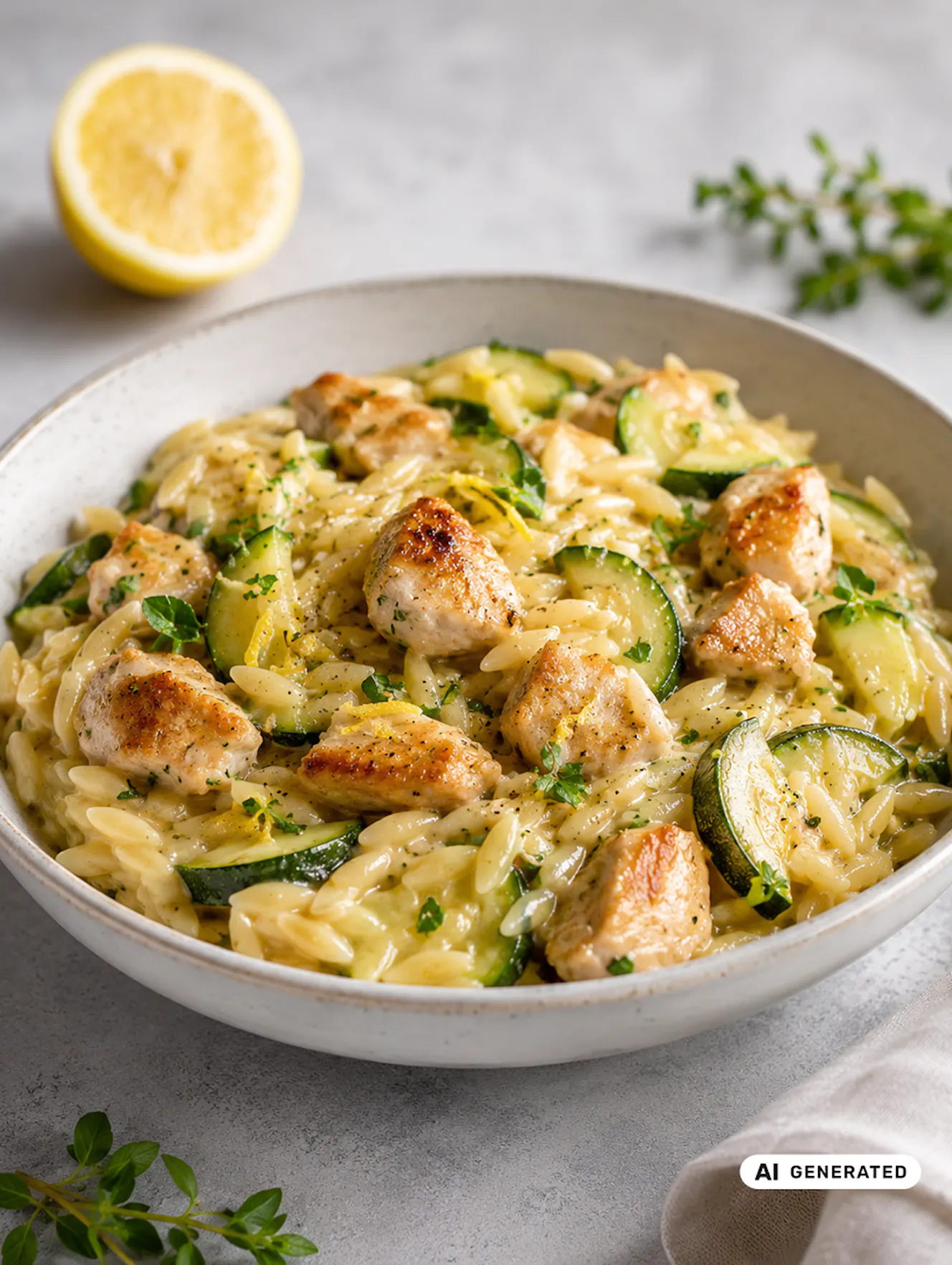 Cremiges Zitronen-Hendl-Orzo mit Zucchini, goldbraunem Hühnerfleisch, Kräutern und frischer Zitrone. - teilweise KI-generiert