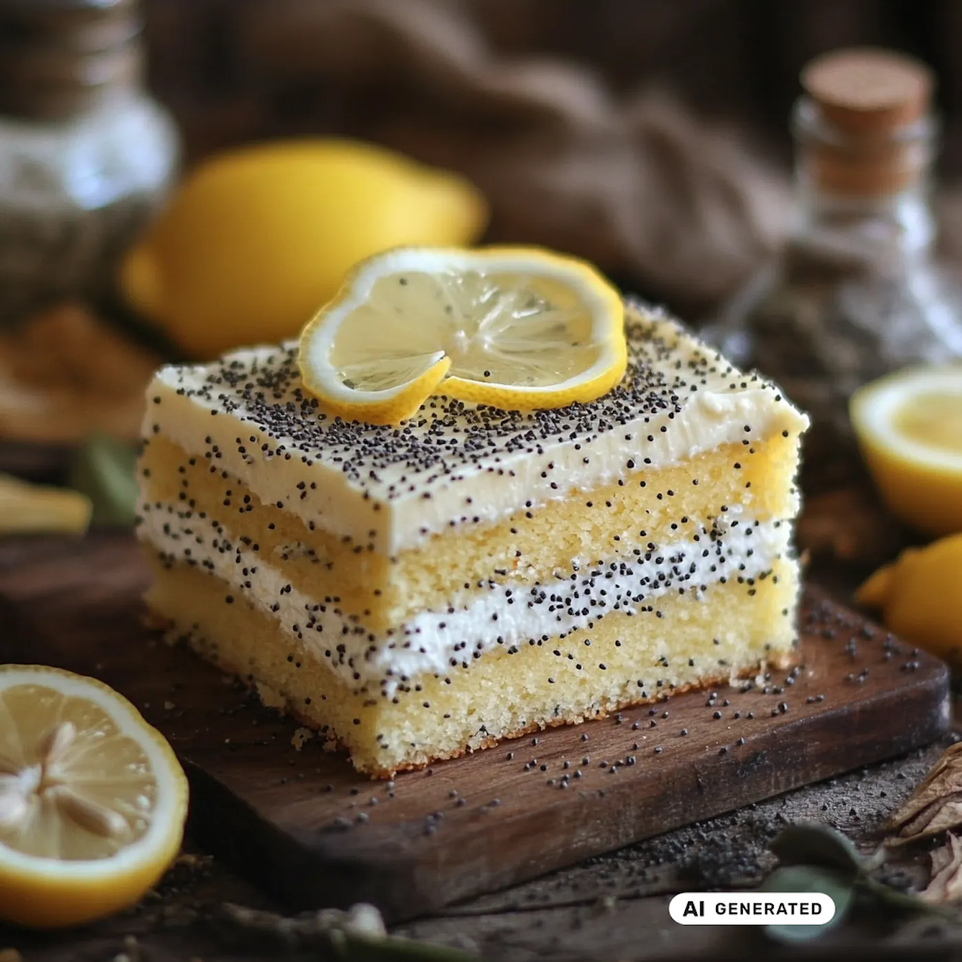 Dreischichtiger Zitronen-Mohn-Kuchen mit weißem Frosting, garniert mit Mohn und Zitronenscheibe, umgeben von Zitronen und Gewürzgläsern. - teilweise KI-generiert