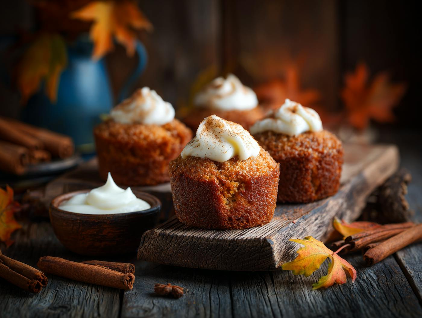Apfel-Zimt-Küchlein mit Joghurt-Creme auf einem rustikalen Brett mit herbstlicher Dekoration und bunten Blättern rundherum Apfel-Zimt-Küchlein mit Joghurt-Creme auf einem rustikalen Brett mit herbstlicher Dekoration und bunten Blättern rundherum