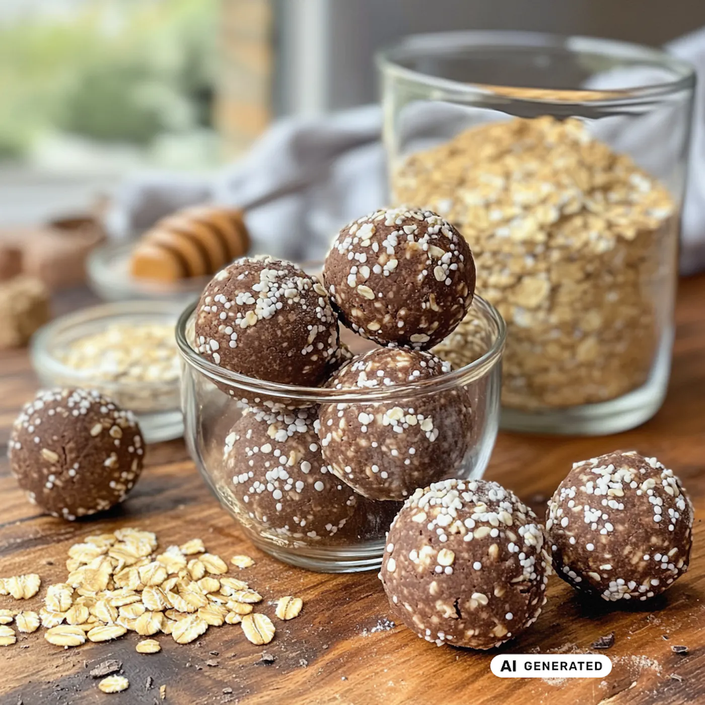 Salted Caramel Bliss Balls mit Haferflocken in Glasschale auf Holz, daneben Honig und weitere Zutaten - teilweise KI-generiert