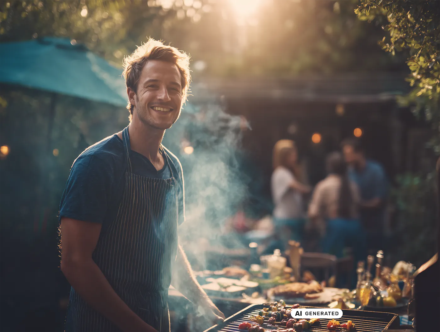 Person vor rauchendem Grill bei Outdoor-Barbecue, weitere Personen im Hintergrund, Sonnenlicht durch Bäume. Person vor rauchendem Grill bei Outdoor-Barbecue, weitere Personen im Hintergrund, Sonnenlicht durch Bäume.