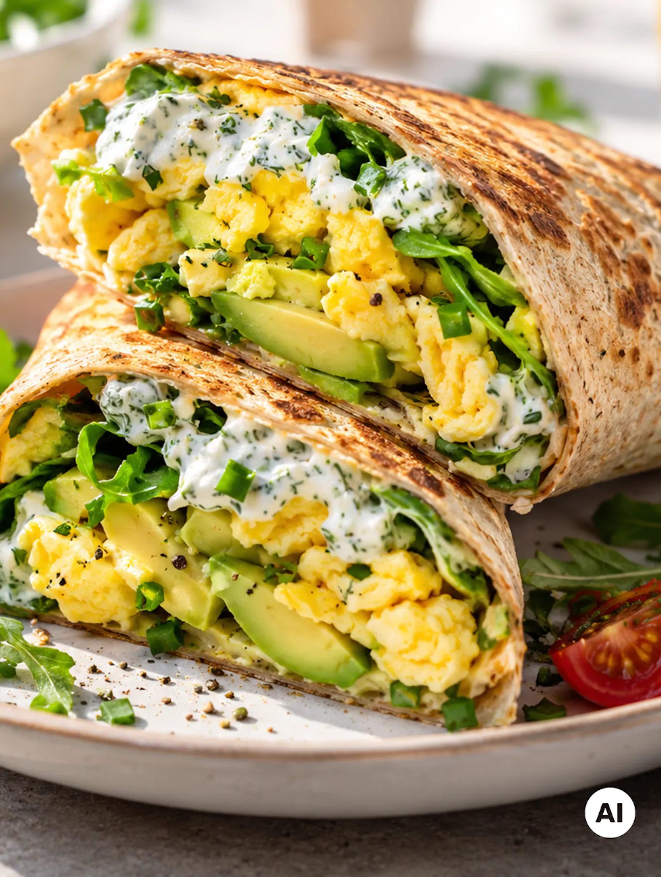 Goldbraun gerösteter High Protein Breakfast Wrap aus Vollkorn-Tortilla, gefüllt mit fluffigem Rührei, frischen Avocadoscheiben, knackigem Blattgemüse und cremigem Kräuter-Skyr aus NÖM PRO Skyr Natur. Der halbierte Frühstücks-Wrap ist mit Schnittlauch verfeinert und wird auf einem hellen Keramikteller mit frischen Paradeisern serviert. Ein herzhaftes, proteinreiches Frühstück mit Skyr, ideal für einen energiereichen Start in den Tag. - teilweise KI-generiert
