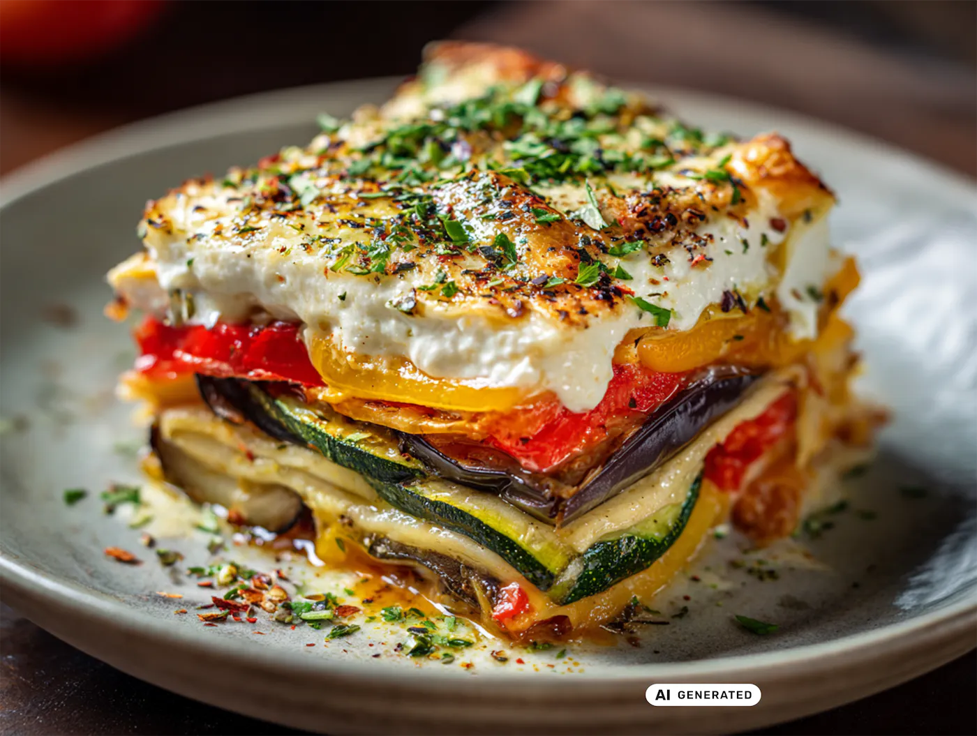 Eine Gemüse-Lasagne mit frischen Kräutern, Paprika, Zucchini und diversen anderen Gemüsesorten in einem tiefen, weißen Teller - teilweise KI-generiert