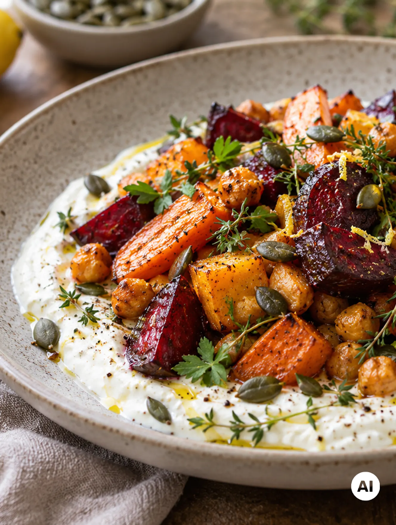 Geröstetes Herbstgemüse mit Kürbis, Karotten, Roten Rüben und Kichererbsen auf cremigem Zitronen-Skyr, garniert mit Kürbiskernen und Kräutern. - teilweise KI-generiert