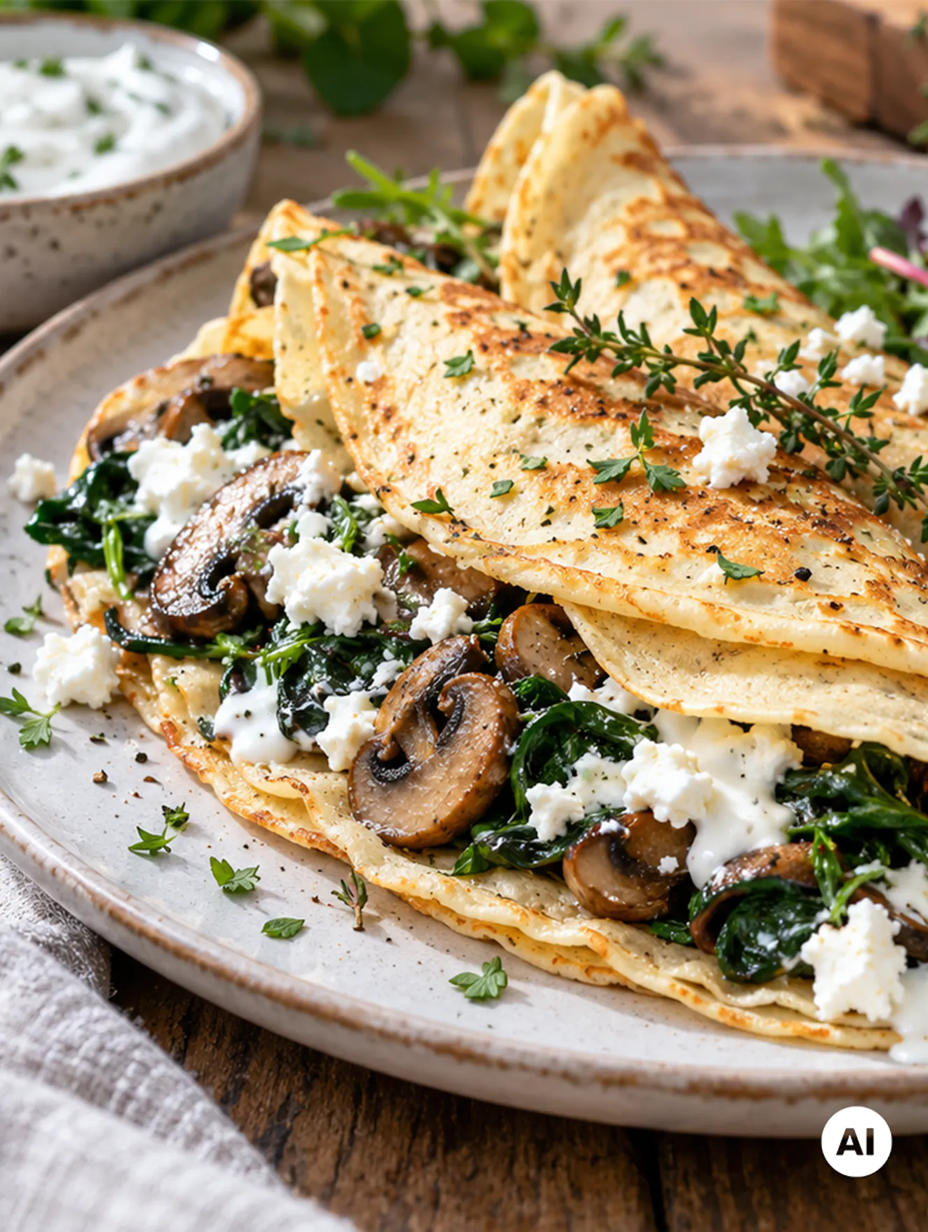 Goldbraun gebackene herzhafte Crêpes mit NÖM PRO Skyr Natur, gefüllt mit gebratenen Champignons, frischem Blattspinat und würzigem Feta. Die zusammengefalteten Crêpes sind mit cremigem Kräuter-Skyr, zerbröseltem Feta und frischem Thymian garniert und werden auf einem hellen Keramikteller serviert. Ein vegetarisches, proteinreiches Frühstück oder Brunchgericht mit Skyr. - teilweise KI-generiert