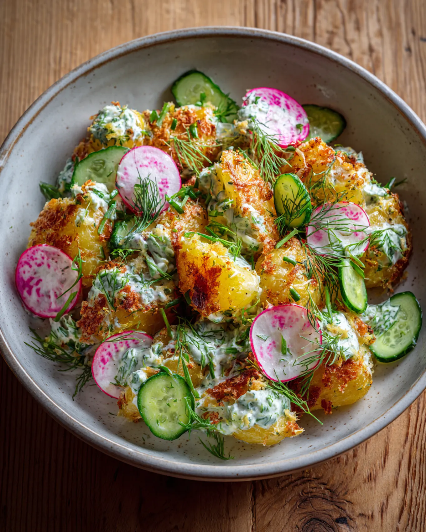 Crispy Smashed Potato Salad mit NÖM Sauerrahm