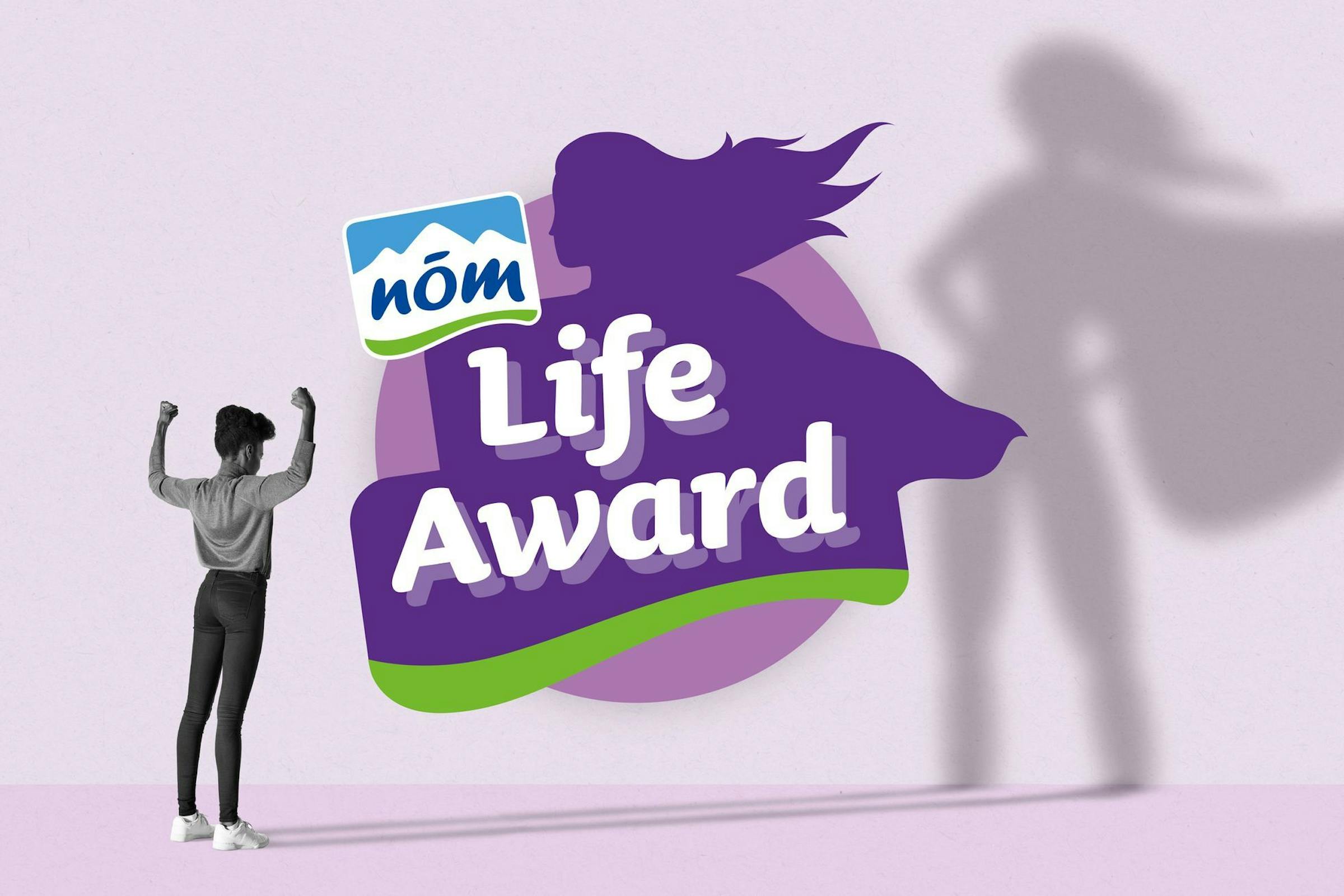 NÖM Life Award Logo mit Frau mit Schatten einer Superheldin