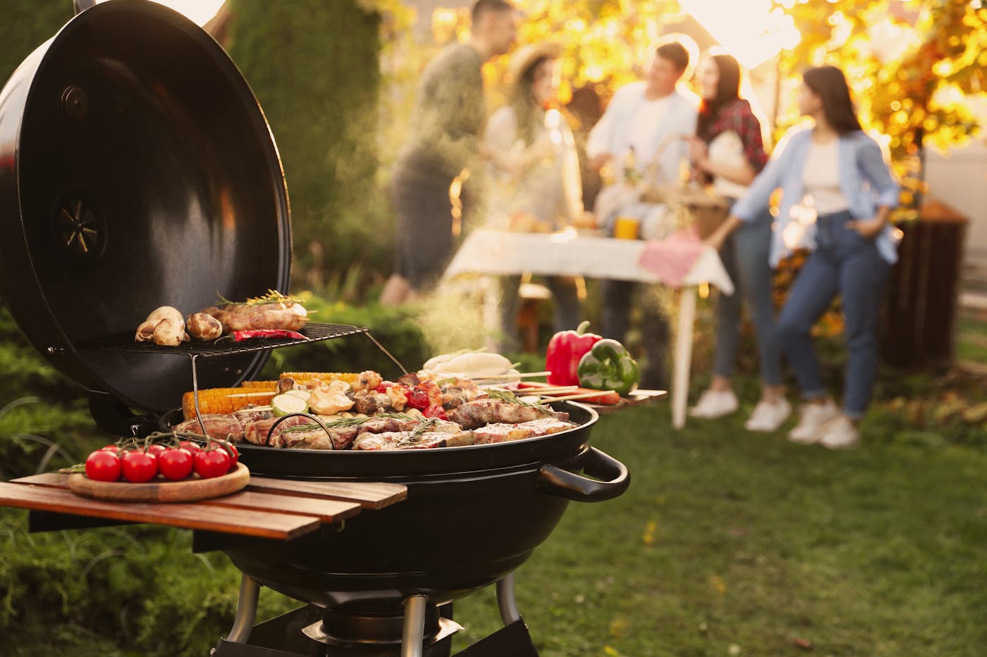 Eine gruppe von Freunden die eine Gartenparty macht und grillt