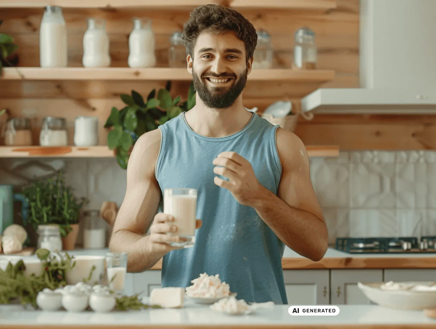 Ein fröhlicher junger Mann mit Bart steht in seiner Küche und häöt ein Glas Milch in seiner Hand Ein fröhlicher junger Mann mit Bart steht in seiner Küche und häöt ein Glas Milch in seiner Hand - teilweise KI-generiert