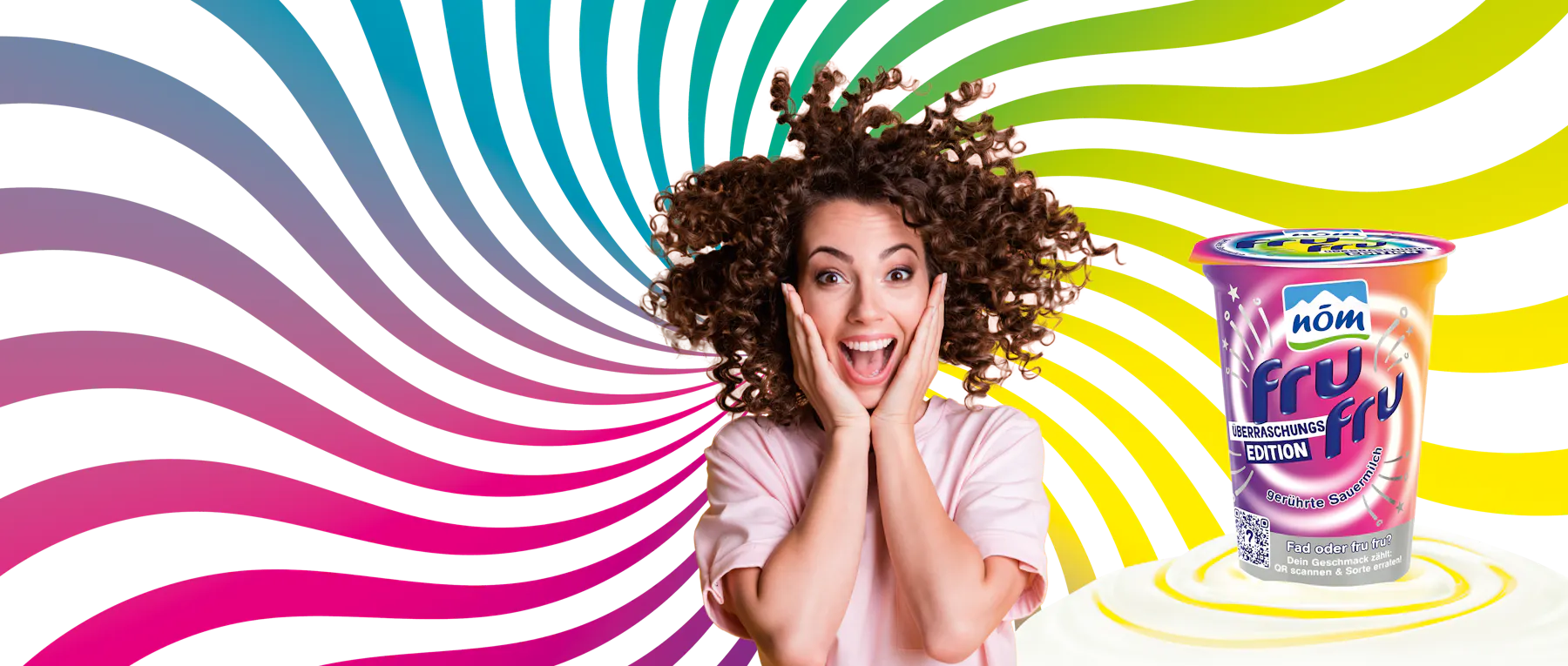 fru fru Überraschung Header erfreute Frau auf buntem Hintergrund neben der neuen fru fru Überraschungsedition