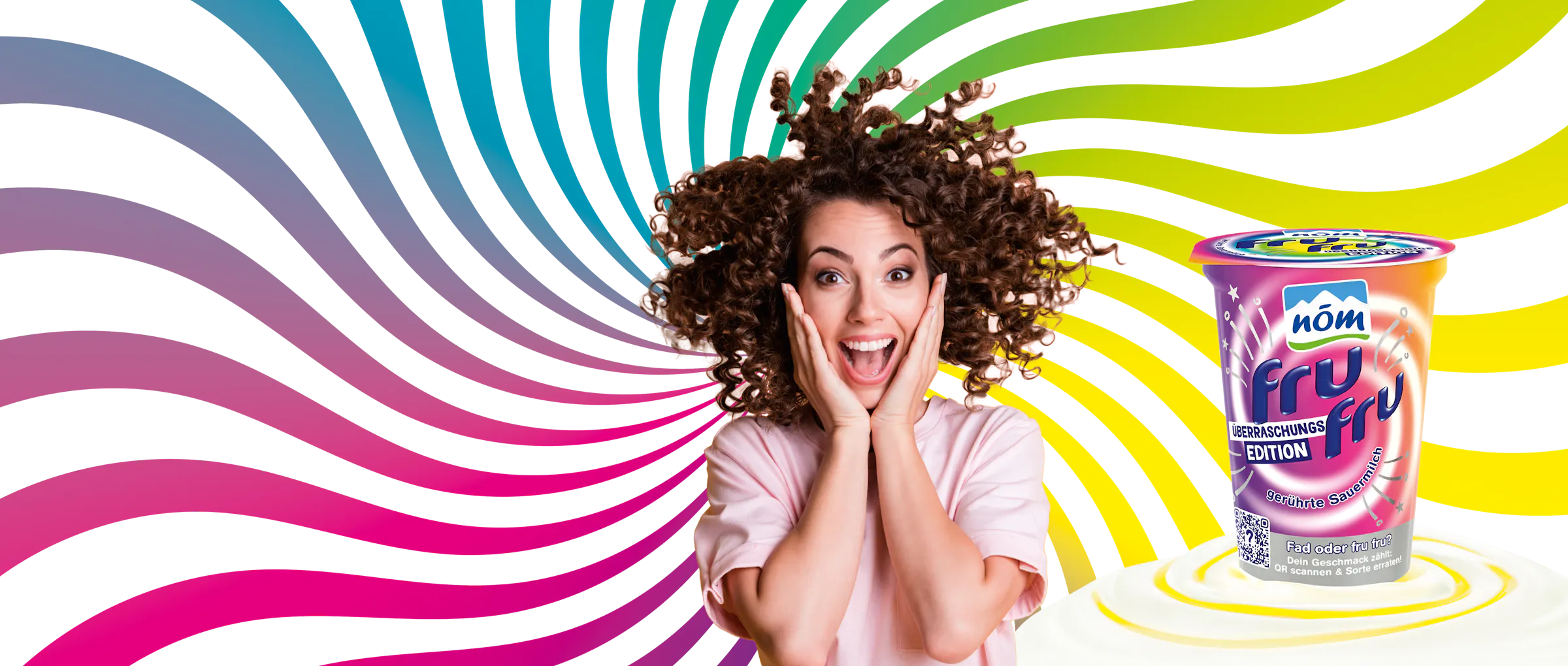 fru fru Überraschung Header erfreute Frau auf buntem Hintergrund neben der neuen fru fru Überraschungsedition