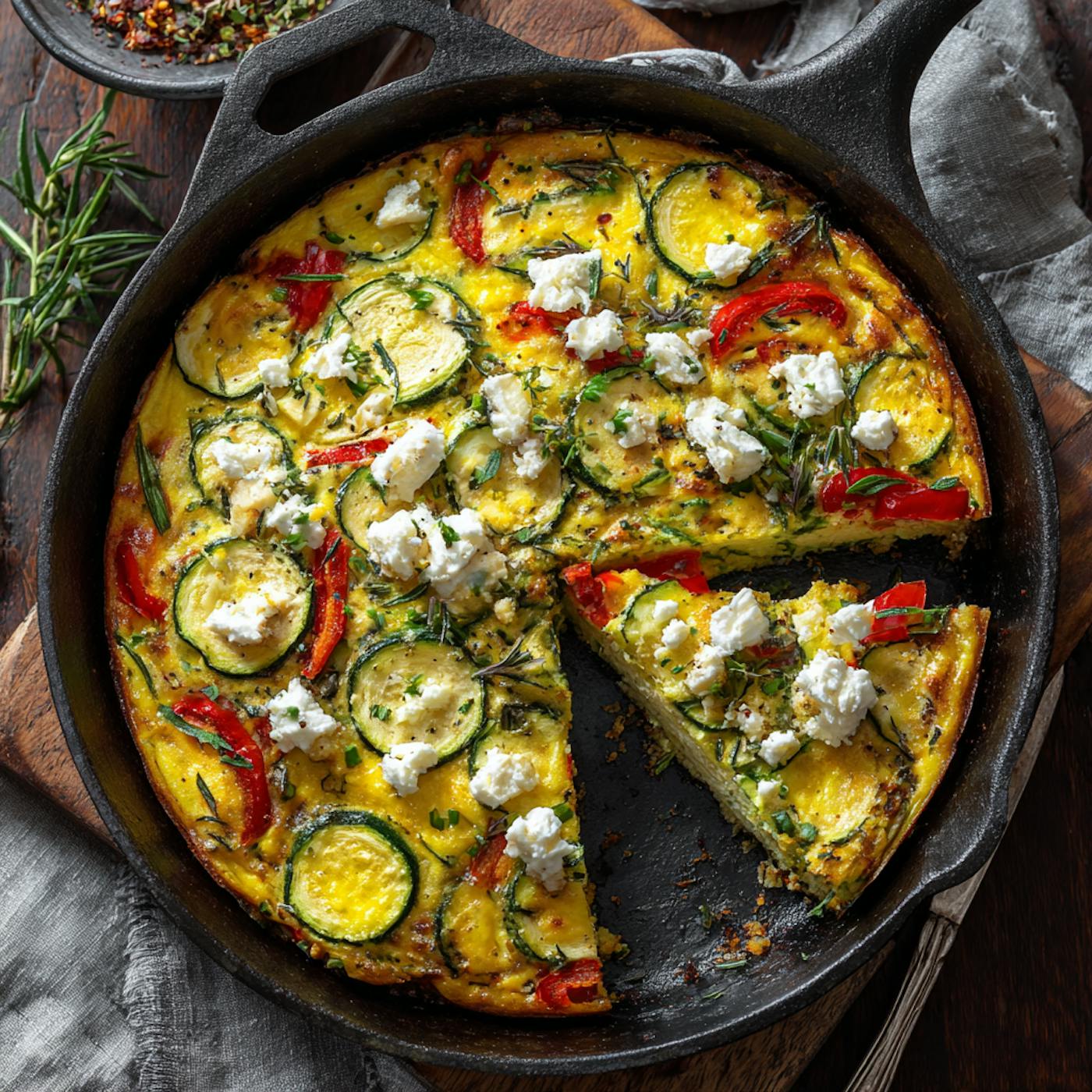 Eine gebackene Gemüsefrittata mit Zucchini in einer Kuchenform umgeben von Kräutern Eine gebackene Gemüsefrittata mit Zucchini in einer Kuchenform umgeben von Kräutern