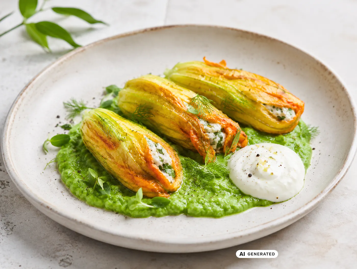 gefüllte Zucchiniblüten auf Erbsenpüree - teilweise KI-generiert