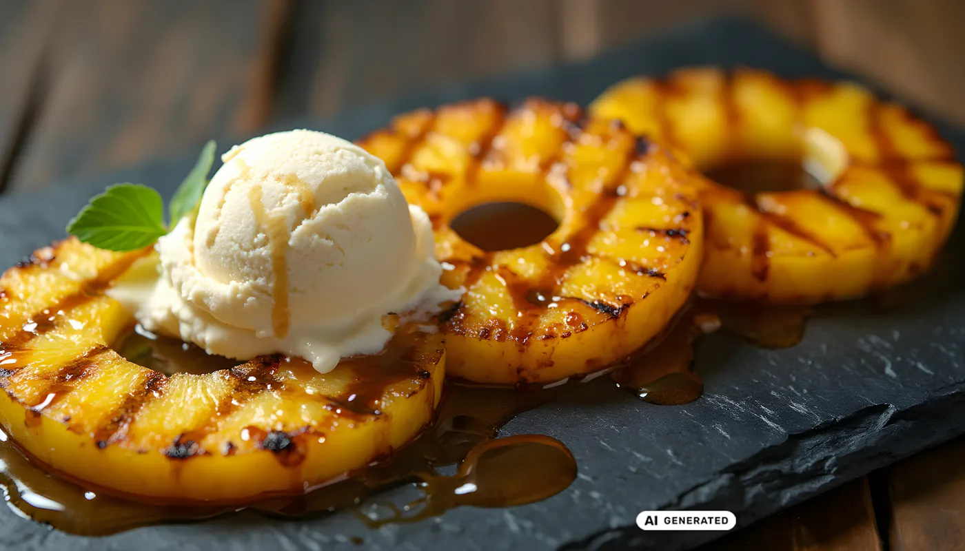 Drei gegrillte Ananasringe mit Vanilleeis und Karamellsauce auf dunkler Servierplatte, dekoriert mit Minzblatt. Drei gegrillte Ananasringe mit Vanilleeis und Karamellsauce auf dunkler Servierplatte, dekoriert mit Minzblatt. - teilweise KI-generiert