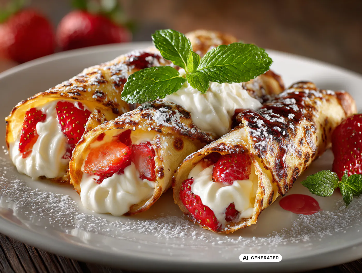 Drei gefüllte Crêpes mit Schlagobers und Erdbeeren, garniert mit Minze und Staubzucker, dazu Erdbeersauce und Früchte. - teilweise KI-generiert