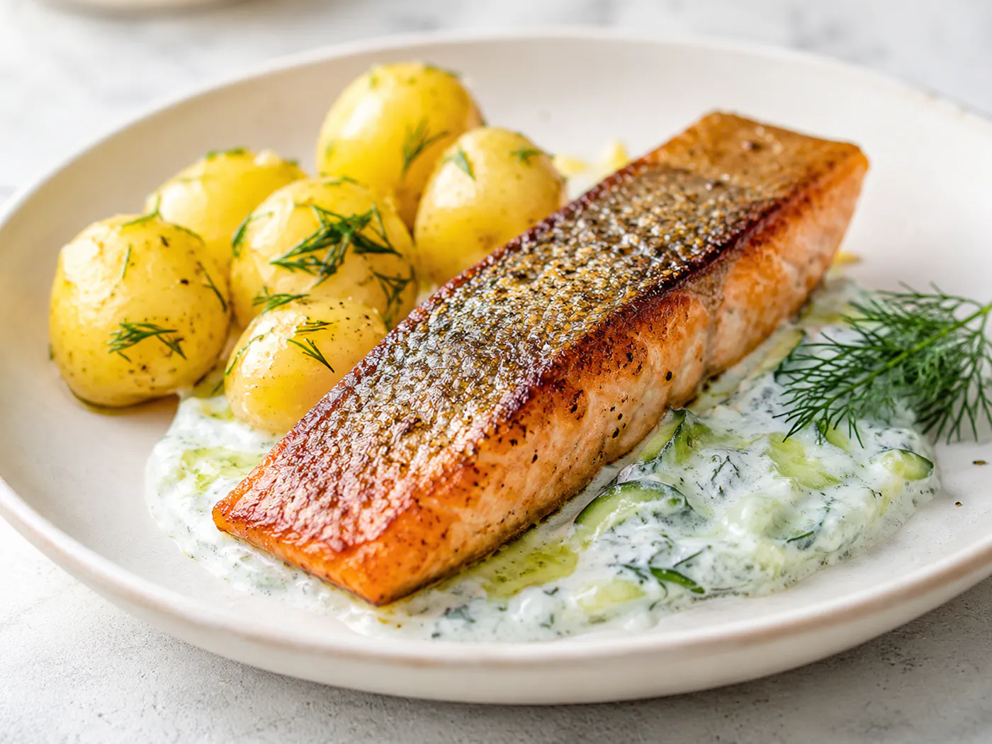 gegrillter Saibling mit Kartoffeln und Kräuter-Joghurtsauce auf einem weißen, tiefen Teller