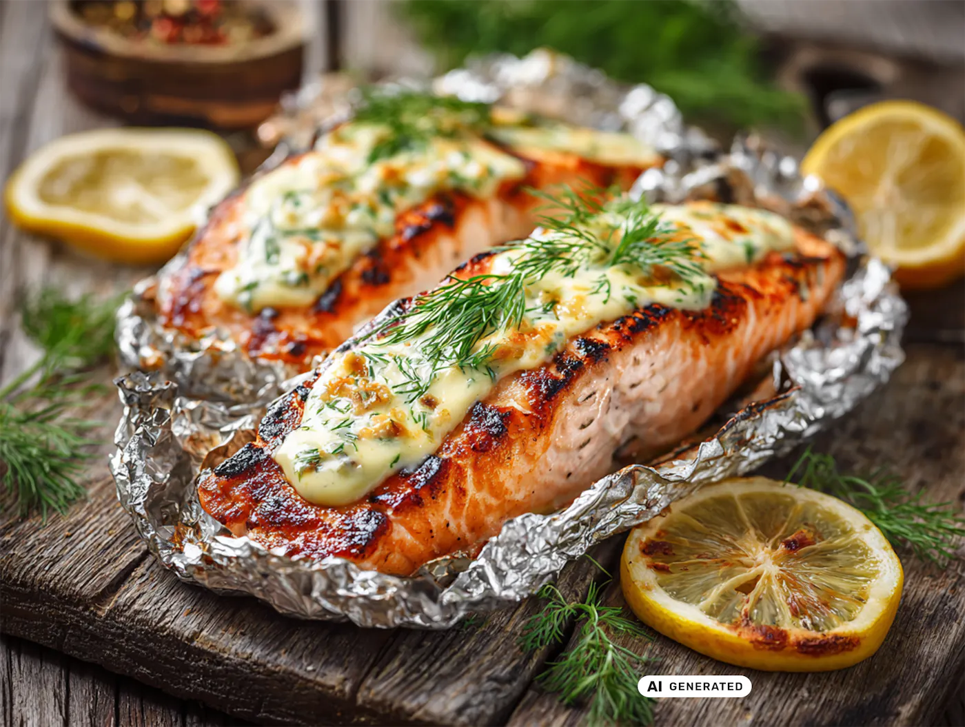 Gegrillter Lachs mit Zitronen-Obers-Sauce, garniert mit frischem Dill und Zitronenscheiben auf Alufolie. Gegrillter Lachs mit Zitronen-Obers-Sauce, garniert mit frischem Dill und Zitronenscheiben auf Alufolie.