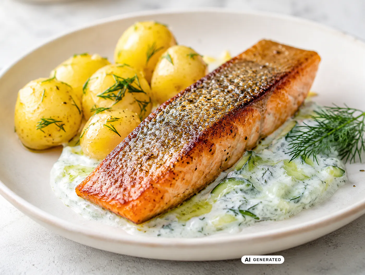 gegrillter Saibling mit Kartoffeln und Kräuter-Joghurtsauce auf einem weißen, tiefen Teller - teilweise KI-generiert