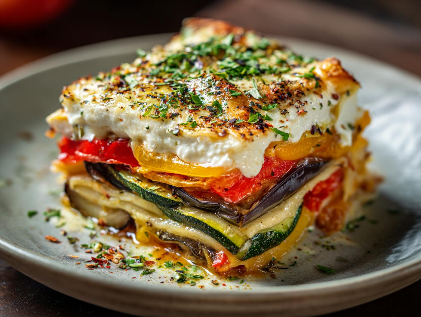 Eine Gemüse-Lasagne mit frischen Kräutern, Paprika, Zucchini und diversen anderen Gemüsesorten in einem tiefen, weißen Teller