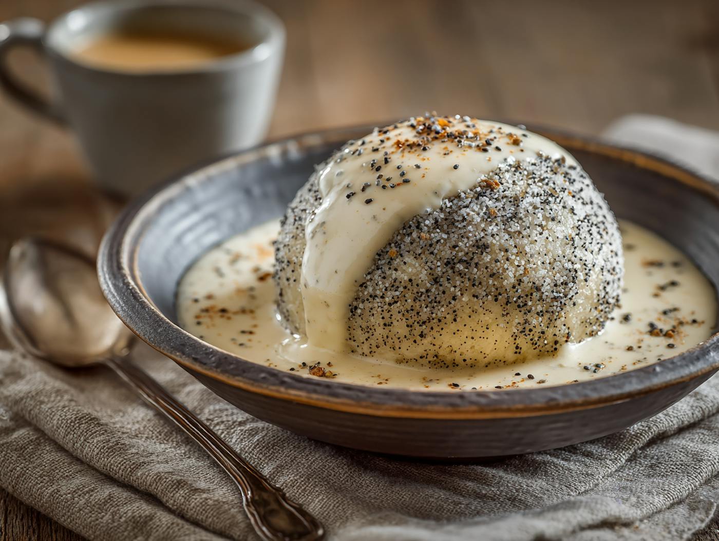 Ein fluffiger Germknödel, serviert in einem tiefen Teller, in cremiger Vanillesauce. Die Oberfläche des Knödels ist großzügig mit fein gemahlenem Mohn und einem Hauch Kristallzucker bestreut – ein klassisches österreichisches Dessert.