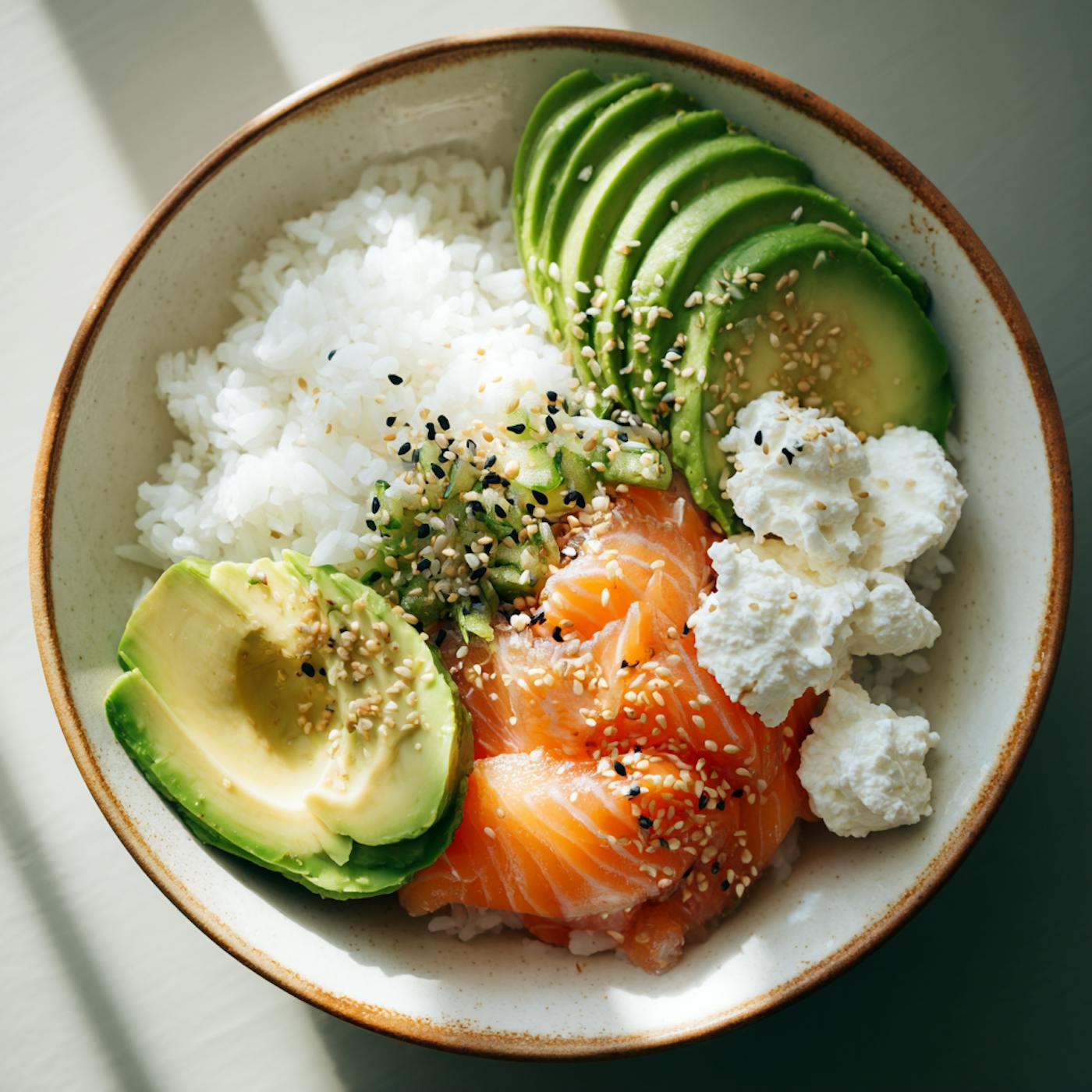 Eine weiße Schüssel mit Reis, Avocado, Lachs und Cottage Cheese, gewürzt mit verschiedenen Kräutern Eine weiße Schüssel mit Reis, Avocado, Lachs und Cottage Cheese, gewürzt mit verschiedenen Kräutern