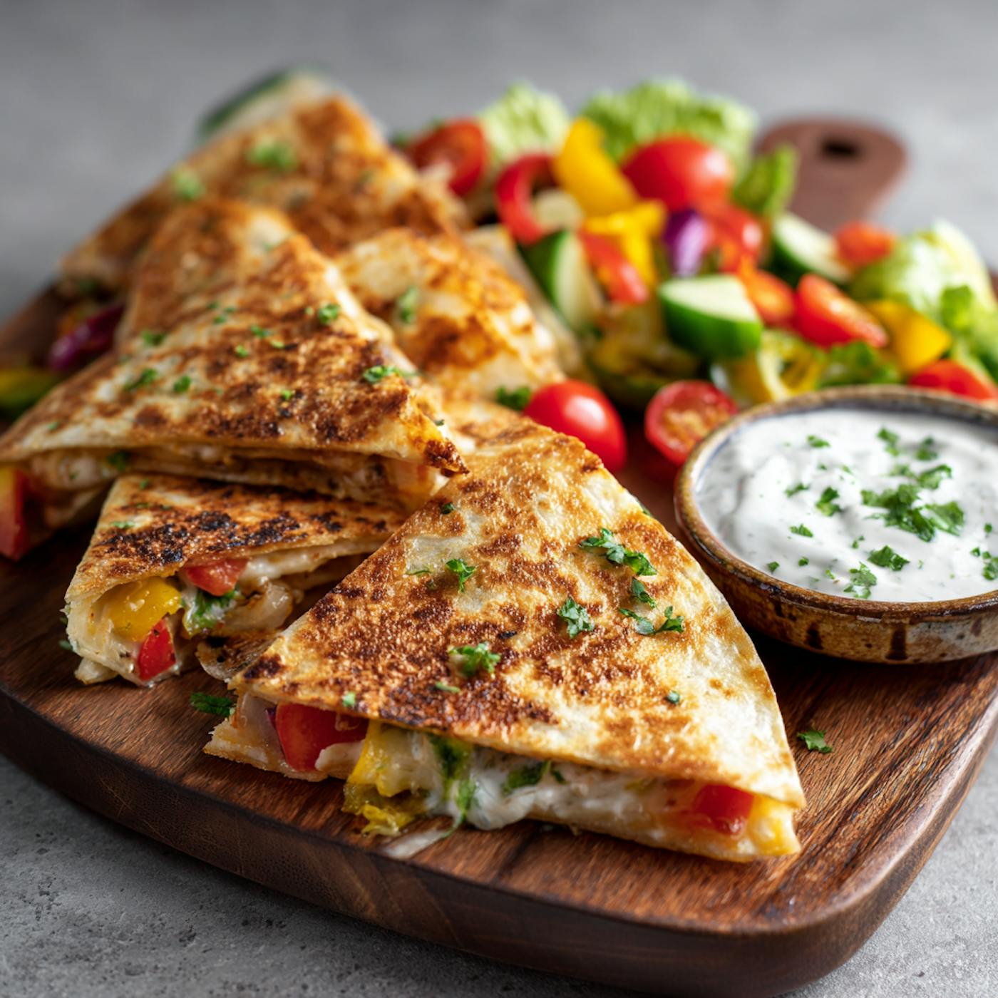 goldbraune Quesadilla mit Gemüse und Skyr-Dip