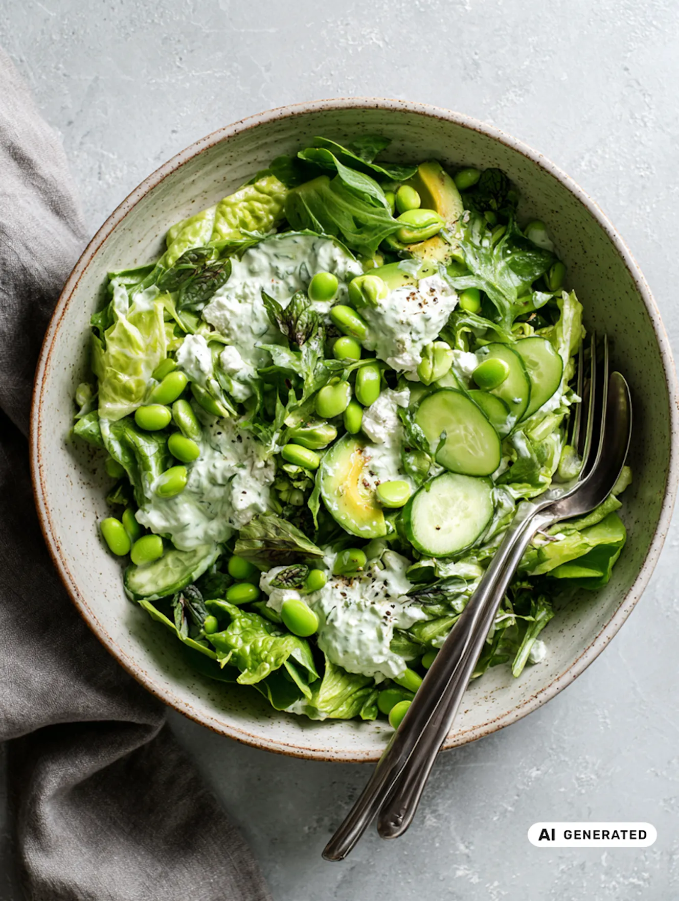 Frischer knackiger Salat mit cremigem Dressing und Kräutern in einer Keramik-Schüssel