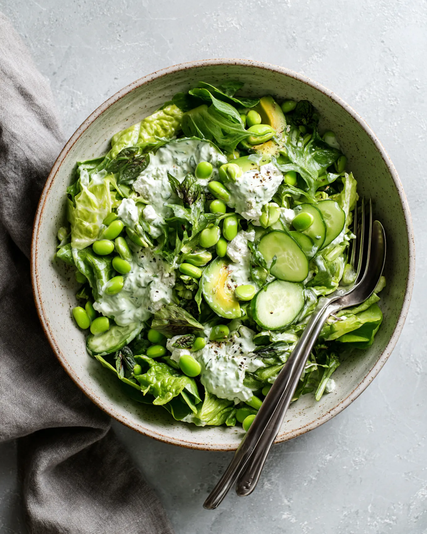 Frischer knackiger Salat mit cremigem Dressing und Kräutern in einer Keramik-Schüssel