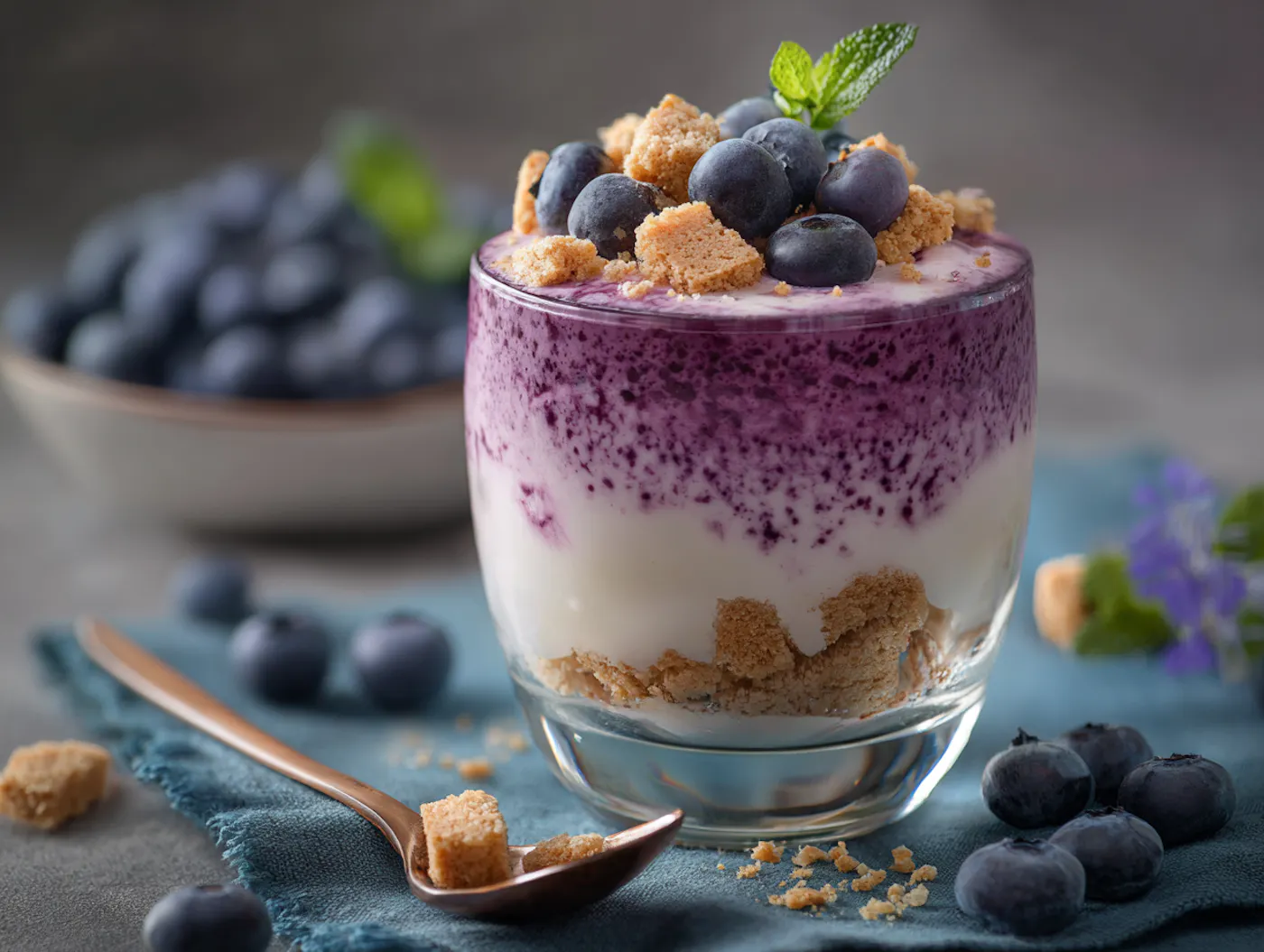 Ein Schichtdessert im Glas bestehend aus Keksen, frischen Heidelbeeren, einer Topfencreme und Heidelbeer-Joghurt. Im Hintergrund sind man frische Heidelbeeren