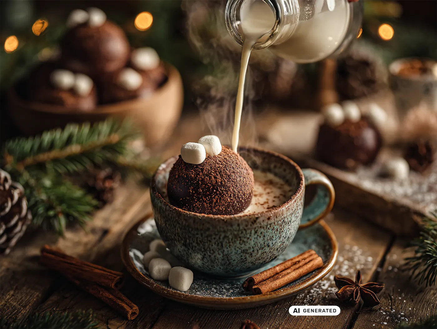 Heiße Milch wird in eine Tasse mit einer DIY-Schokokugel gegossen, die in der Milch schmilzt und sich in cremige heiße Schokolade mit Mini-Marshmallows verwandelt. Im Hintergrund weihnachtliche Deko mit Zimtstangen, Tannenzweigen und Lichtern. - teilweise KI-generiert