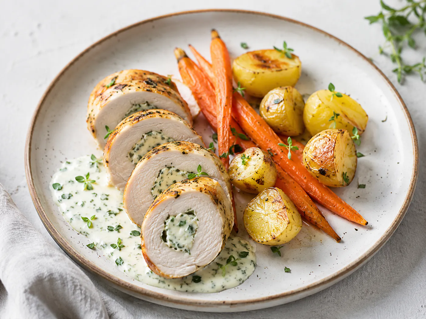 Hendlroulade mit Topfenfüllung und Karotten und Erdäpfeln als Beilage