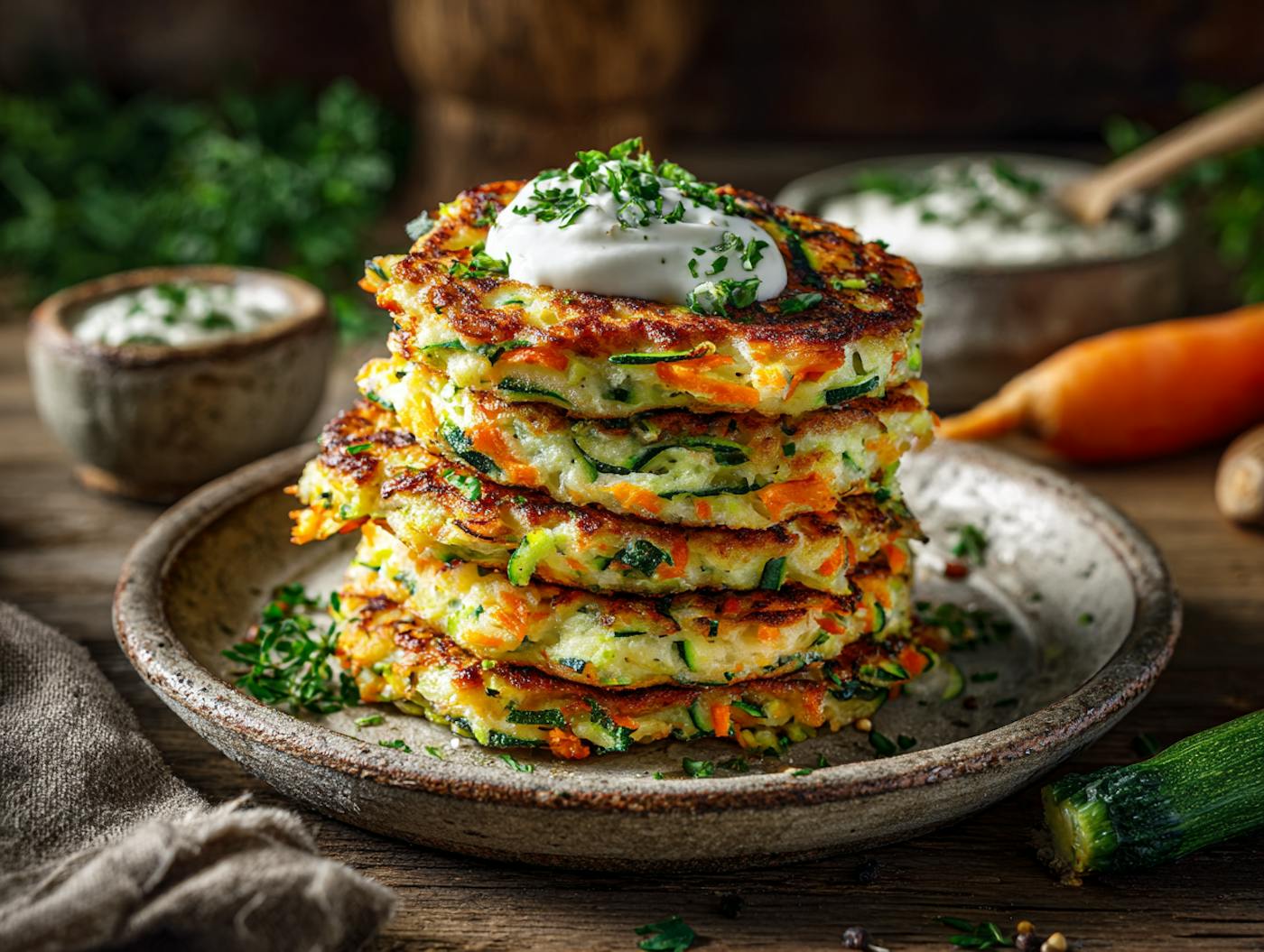 Herzhafte Gemüse-Pfannkuchen aus Karotten und Zucchini getoppt mit Cottage Cheese und frischen Kräutern