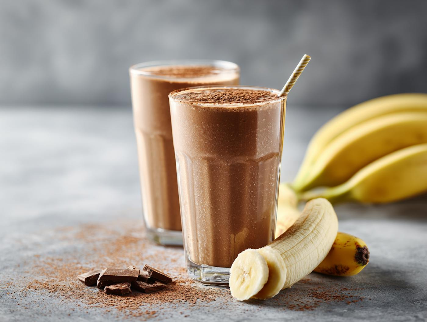Zwei Gläser NÖM PRO Schokoladen Smoothie vor reifen Bananen dekoriert mit Schokolade und Kakaopulver