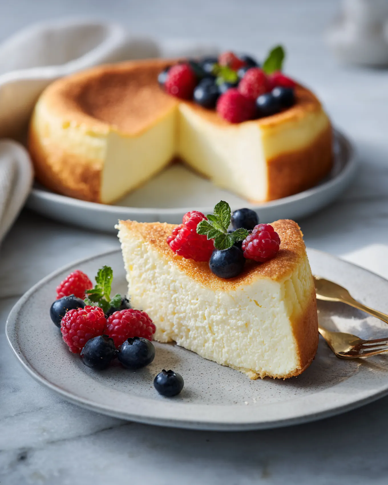 Einfacher High Protein Cheesecake aus NÖM PRO Skyr Vanille mit frischen Beeren und Minze