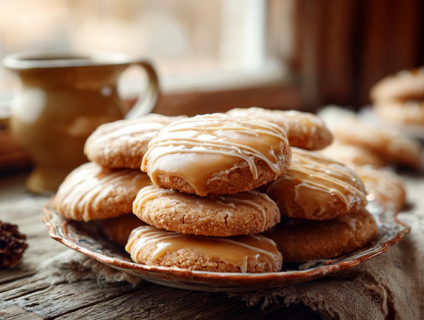 Weihnachtliche Karamellkekse mit einer Glasur auf einem runden Teller. Im Hintergrund ist eine alte Milchkanne und ein Fenster zu sehen.