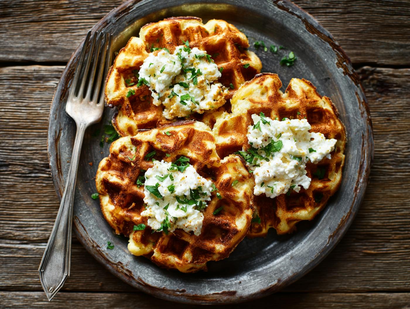knusprige Kartoffel-Waffeln getoppt mit cremigem Cottage Cheese auf einem rustikalen Holztisch